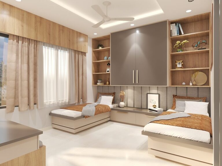 “Modern Twin Bedroom Design: Where Style Meets Smart Storage”